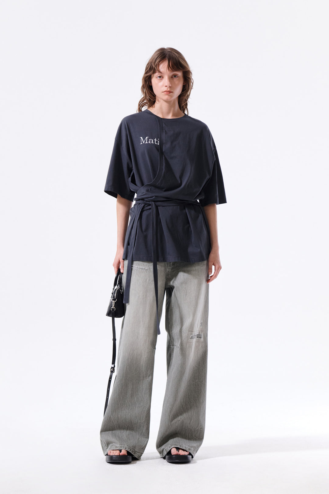 Matin Kim Tie Detail Draped Logo Top — Charcoal