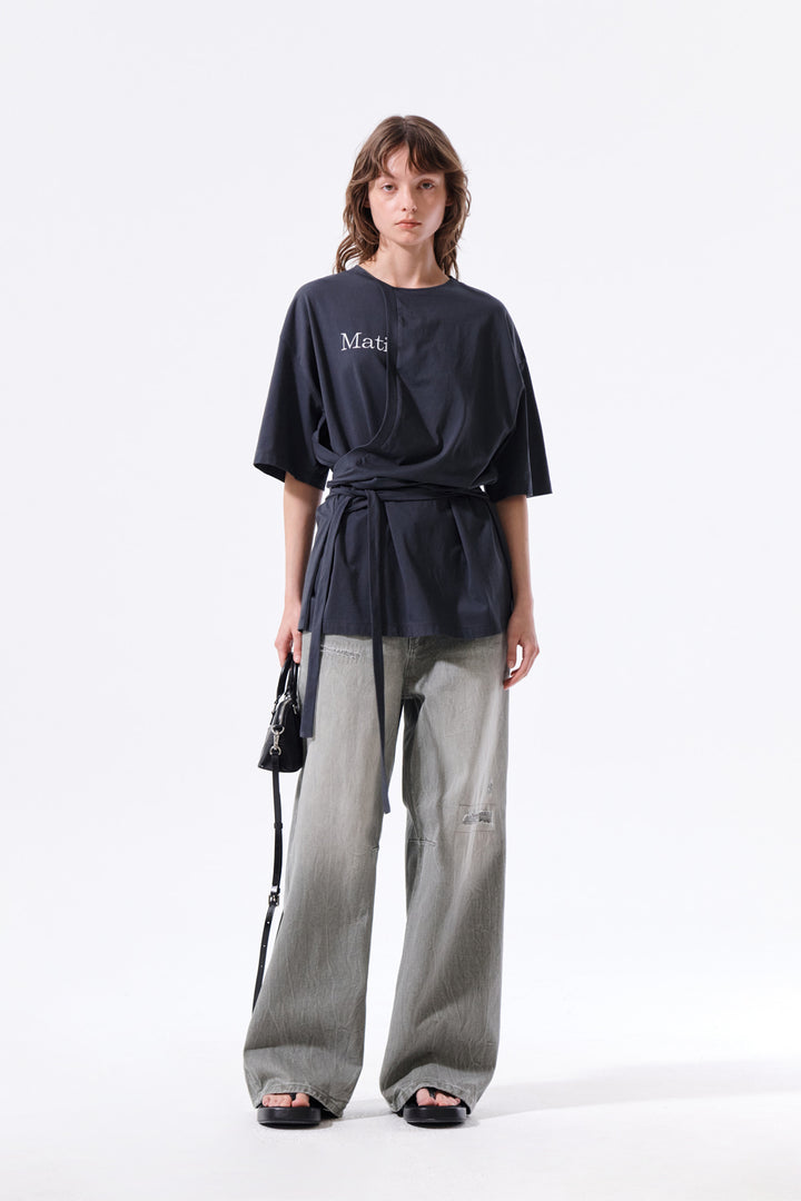Matin Kim Tie Detail Draped Logo Top — Charcoal