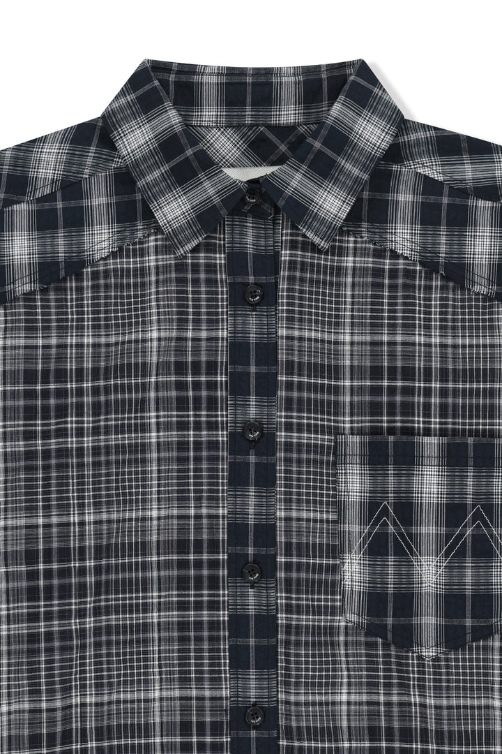 Matin Kim Mixed Check Overfit Shirt — Navy blue