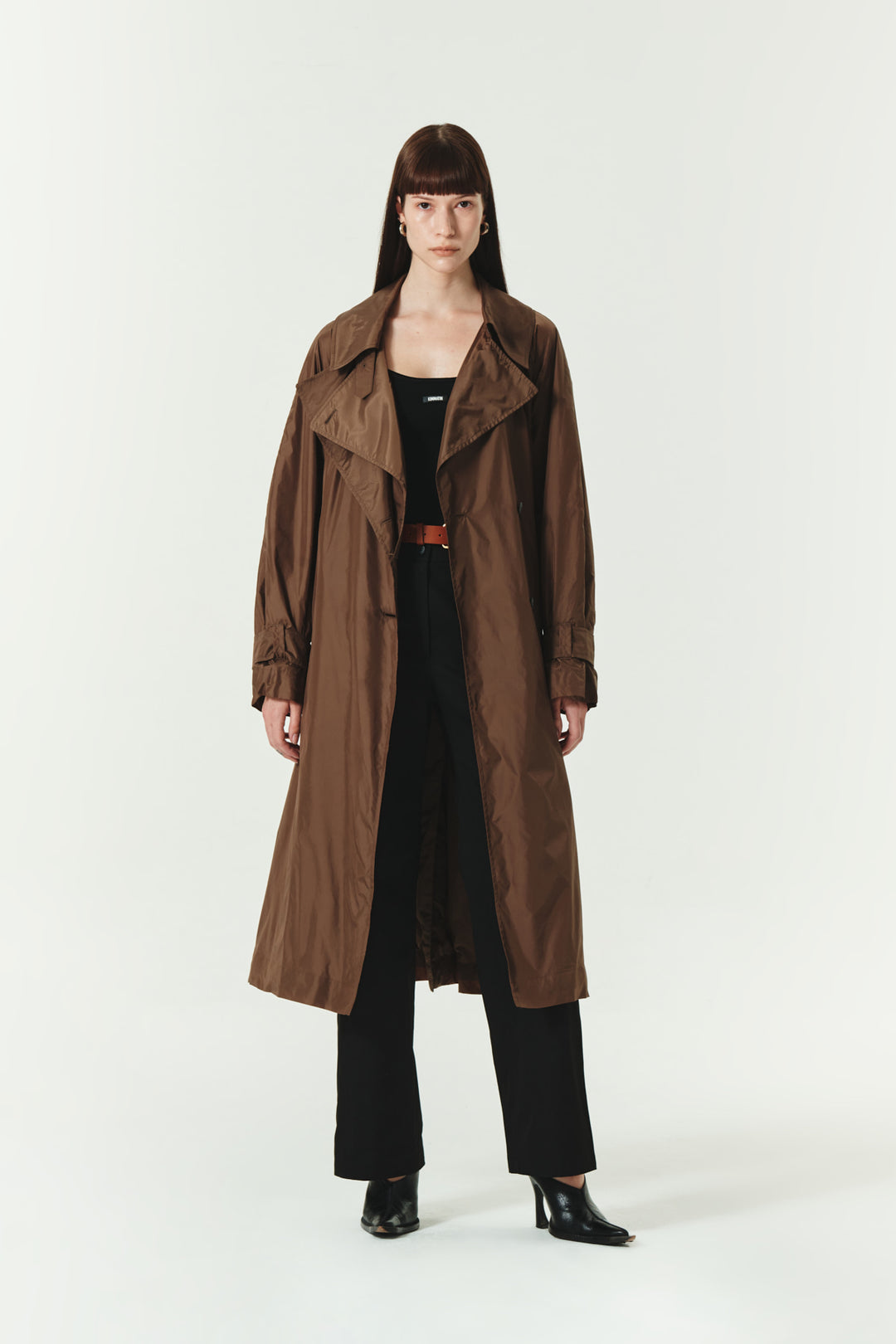 KIMMATIN Raglan Belted Nylon Trench Coat — Brown