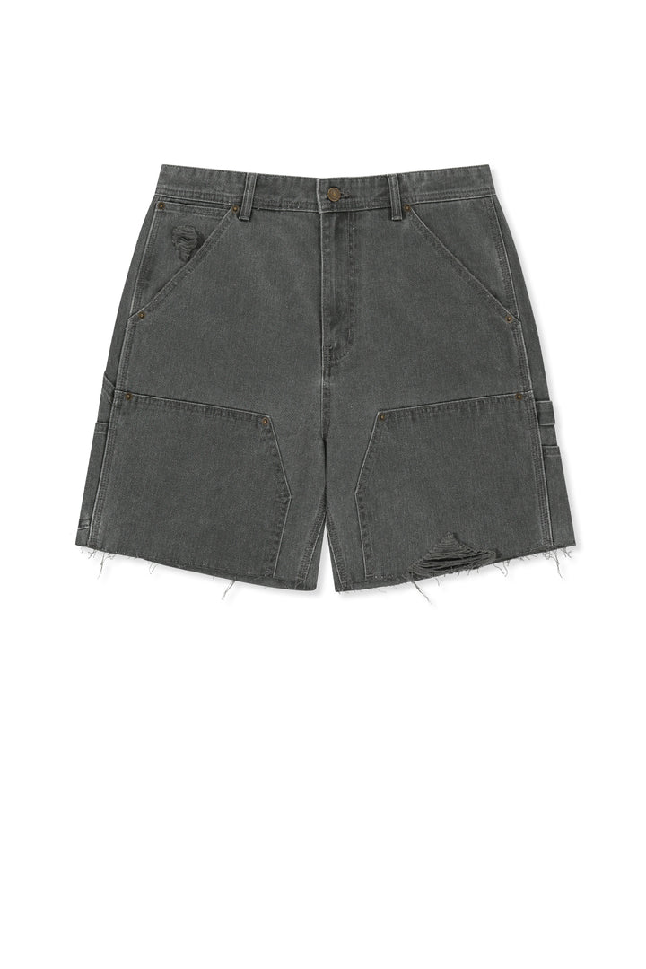 Matin Kim Herringbone Raw Cut Denim Shorts — Gray