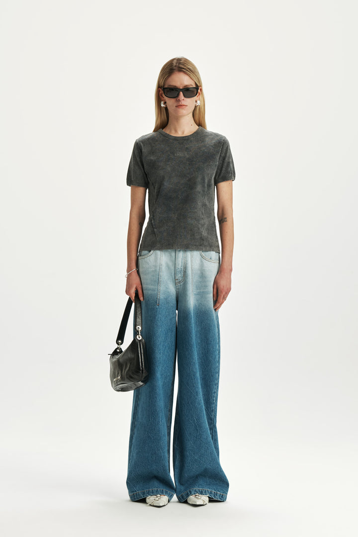 KIMMATIN Pintuck Wide Denim Pants — Light Blue