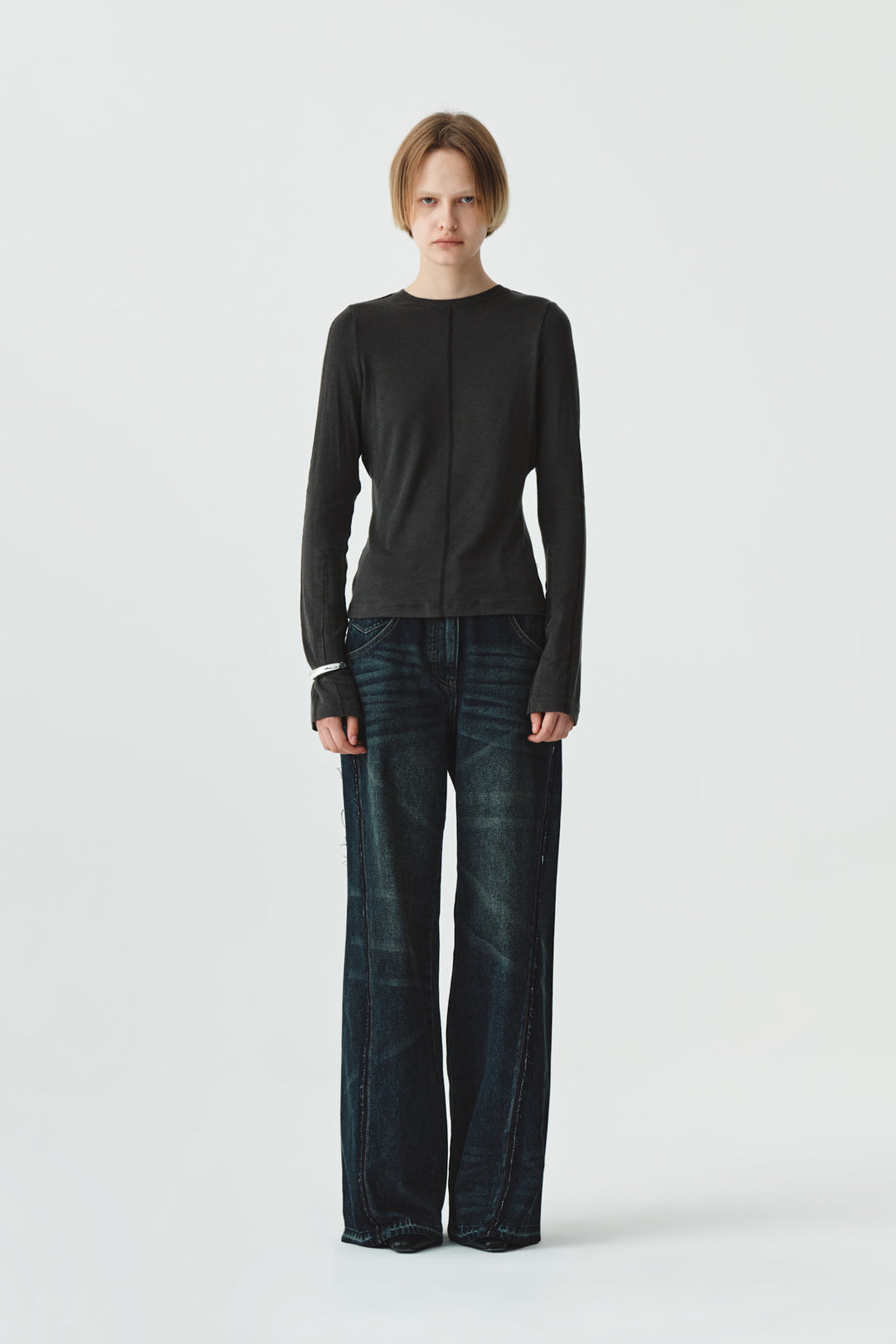 KIMMATIN Washed Cut Out Wide Denim — Navy blue