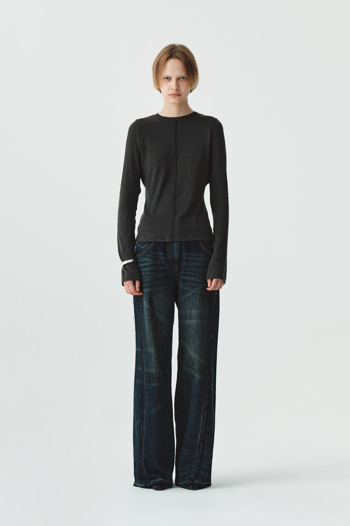 KIMMATIN Washed Cut Out Wide Denim — Navy blue