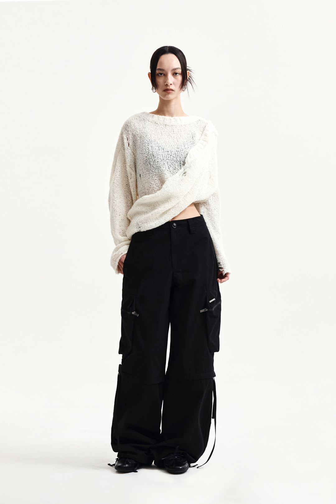 Matin Kim Asymmetric Damaged Knit Pullover — Ivory