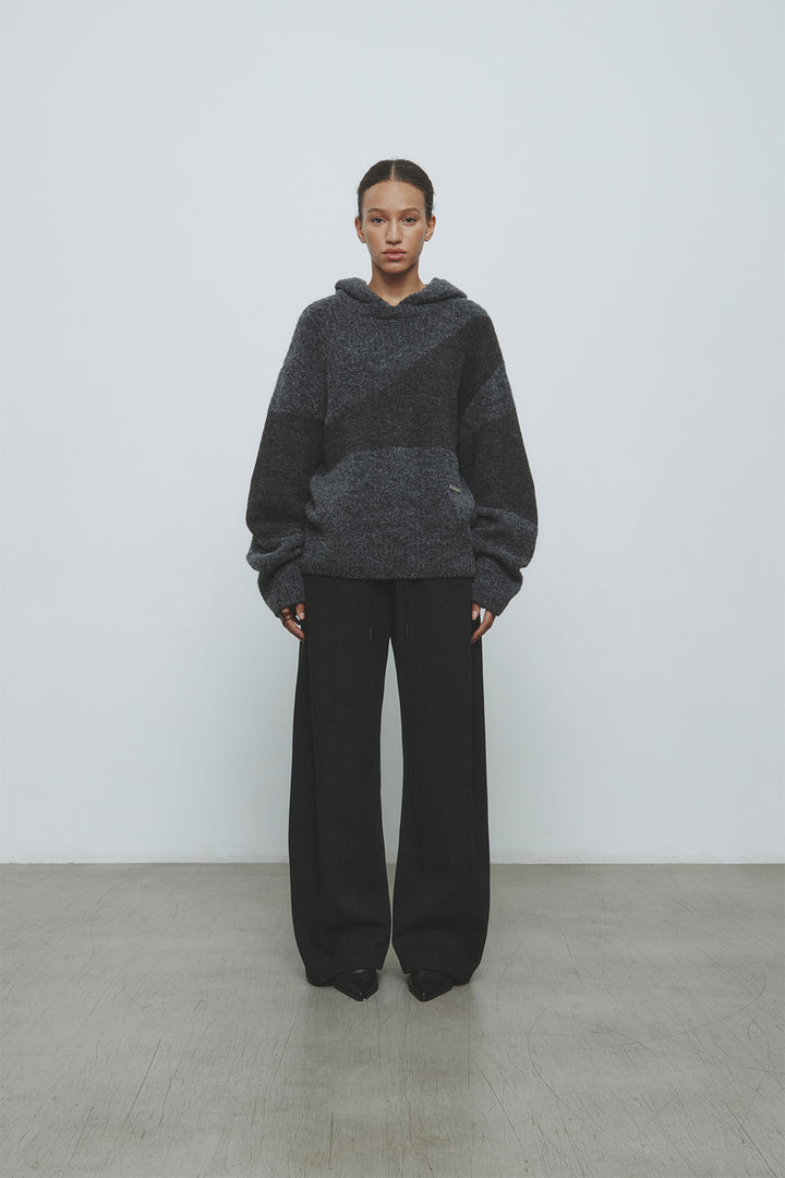 KIMMATIN Color Mix Unbalance Knit Hoody — Charcoal
