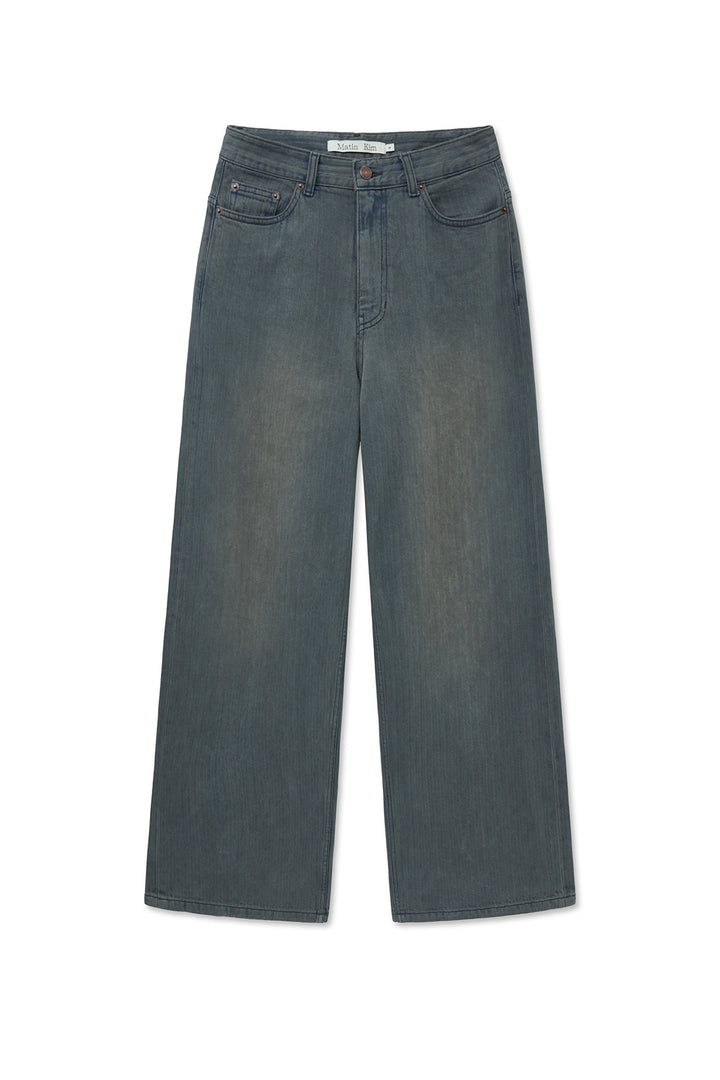 Matin Kim Herringbone Wide Denim in Smoke — Blue