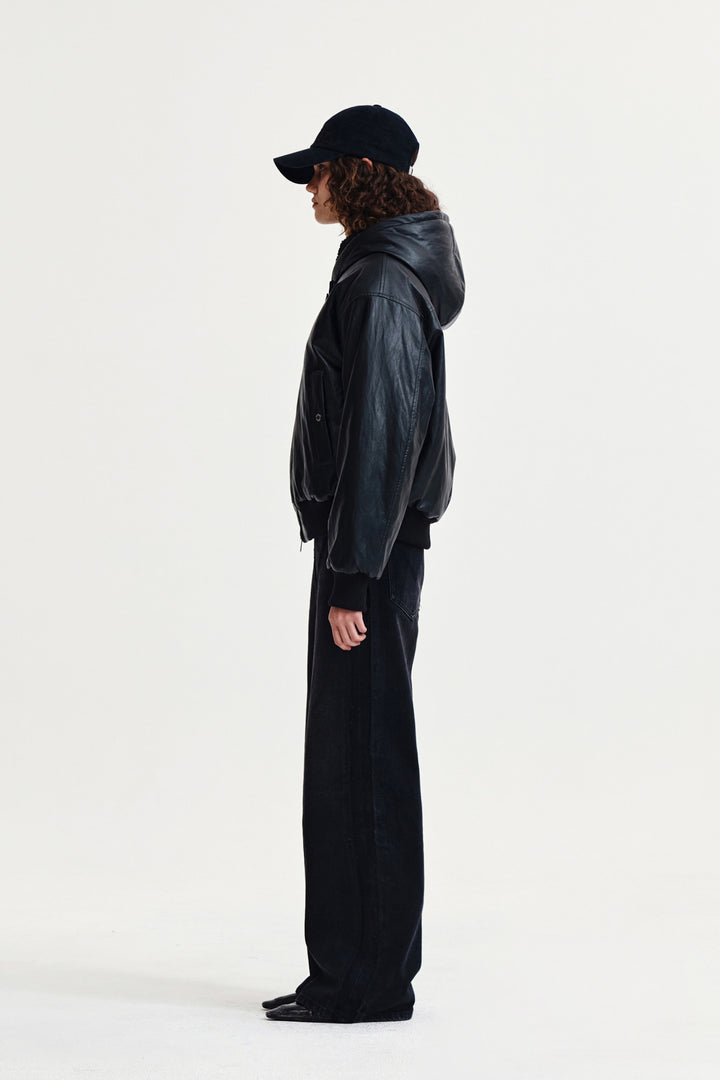 Matin Kim Faux Leather Zip-Up Hoody — Black