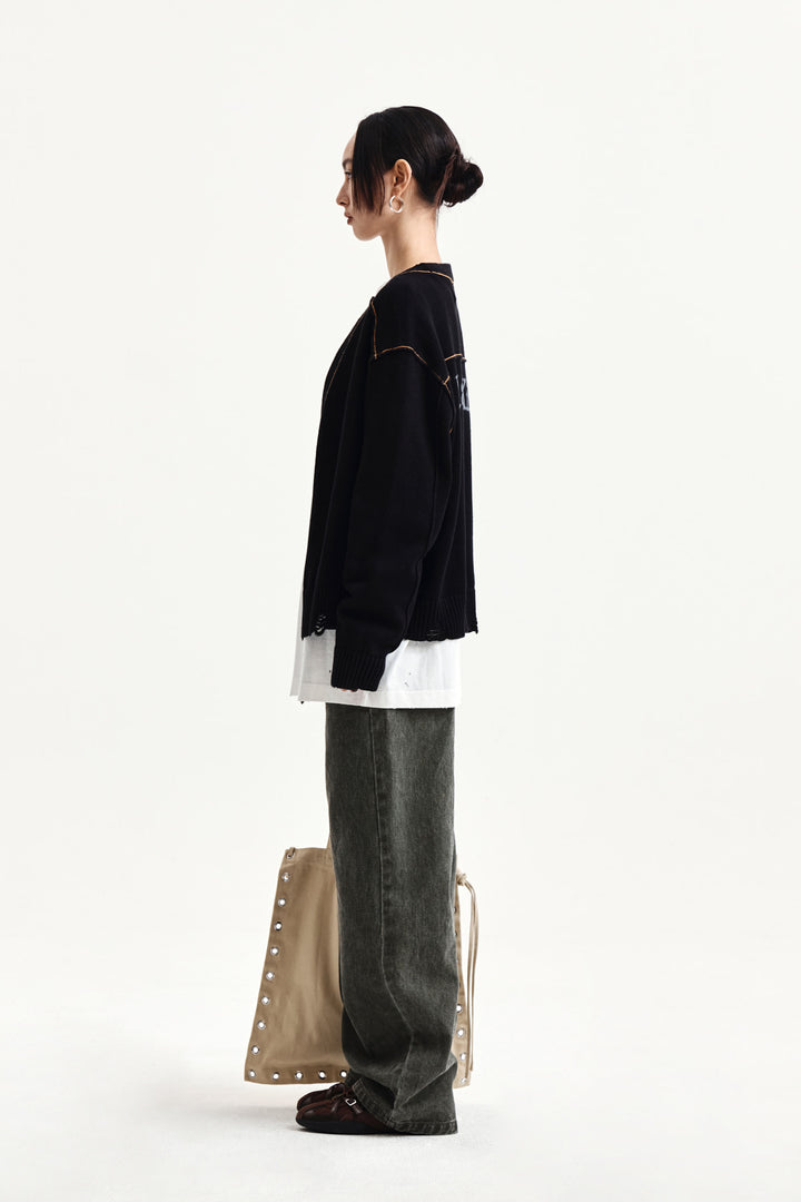 Matin Kim Back Logo Line Point Knit Cardigan — Black
