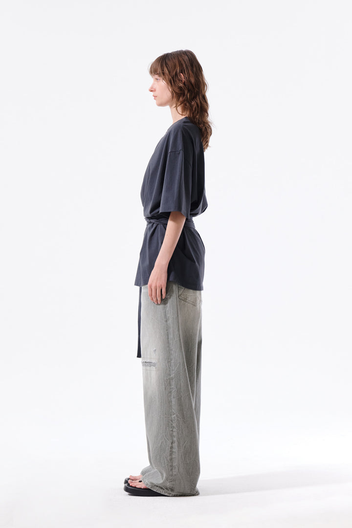 Matin Kim Tie Detail Draped Logo Top — Charcoal