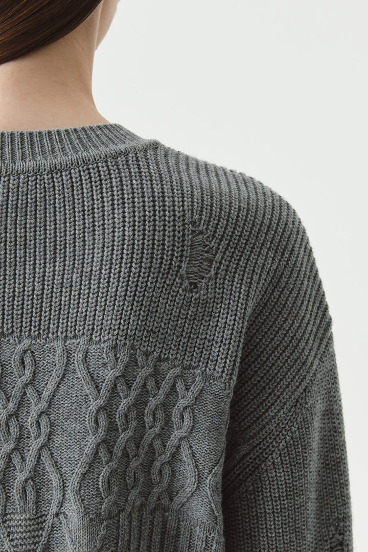 KIMMATIN Cable Mix Damage Knit Pullover — Gray