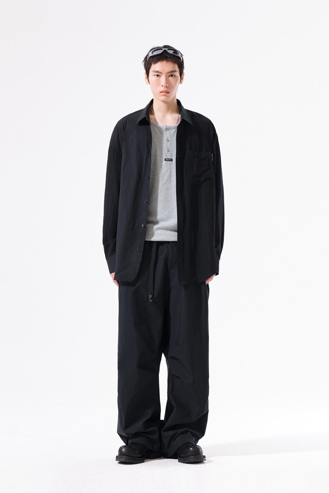 Matin Kim Mixed Panel Over Fit Shirt — Black