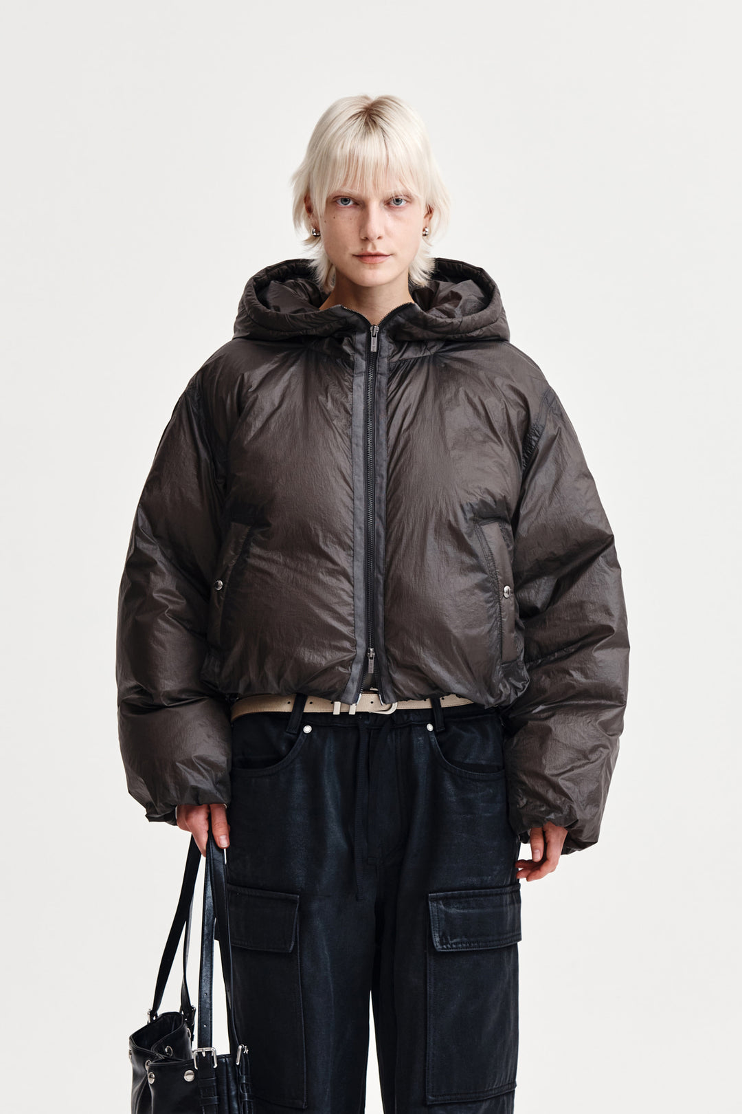 Matin Kim Back Logo Hoody Short Down Jumper — Charcoal
