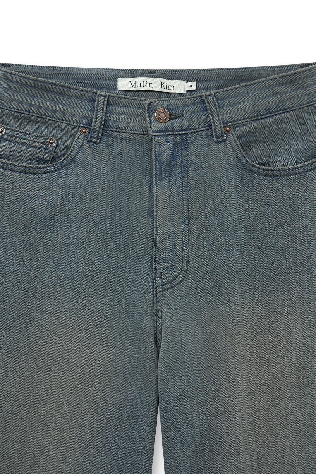 Matin Kim Herringbone Wide Denim in Smoke — Blue