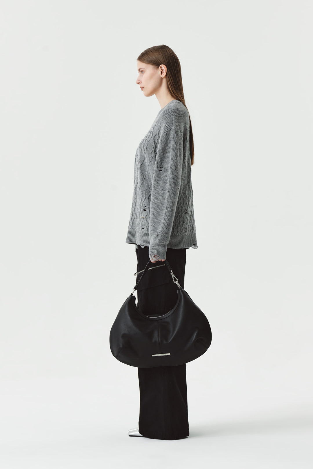 KIMMATIN Cable Mix Damage Knit Pullover — Gray