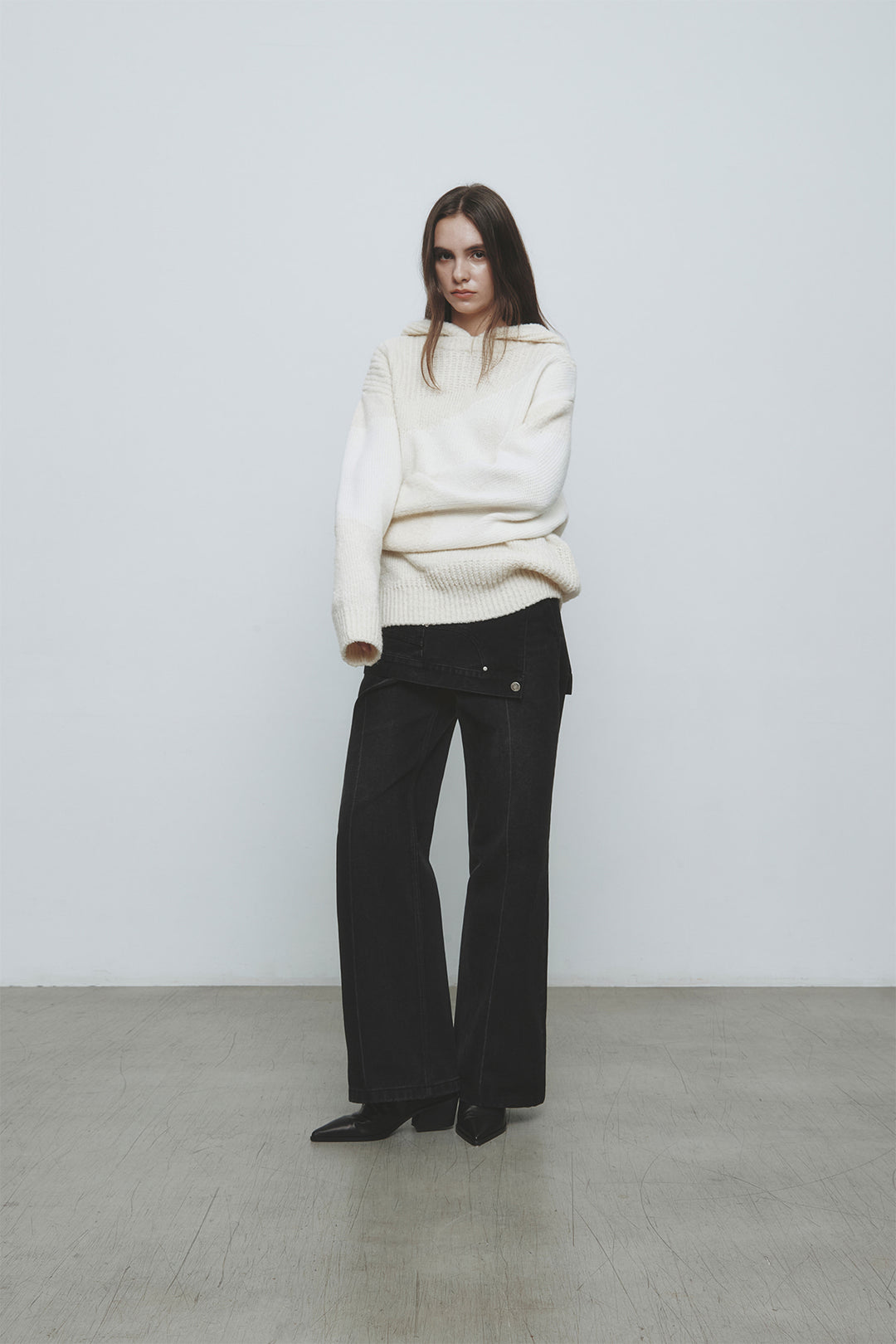 KIMMATIN Color Mix Unbalance Knit Hoody — Ivory