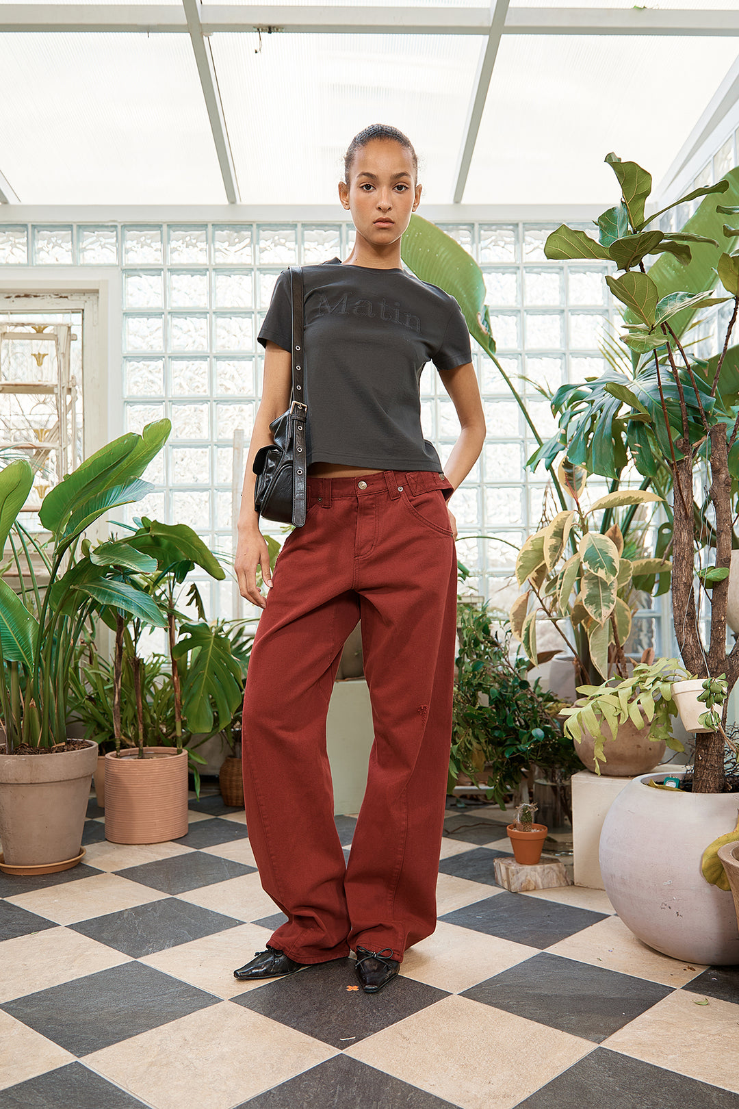 Matin Kim Waist Buckle Curved Dying Denim — Red