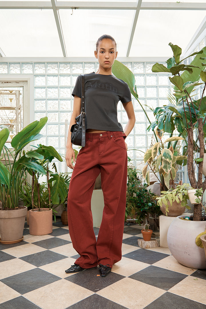 Matin Kim Waist Buckle Curved Dying Denim — Red