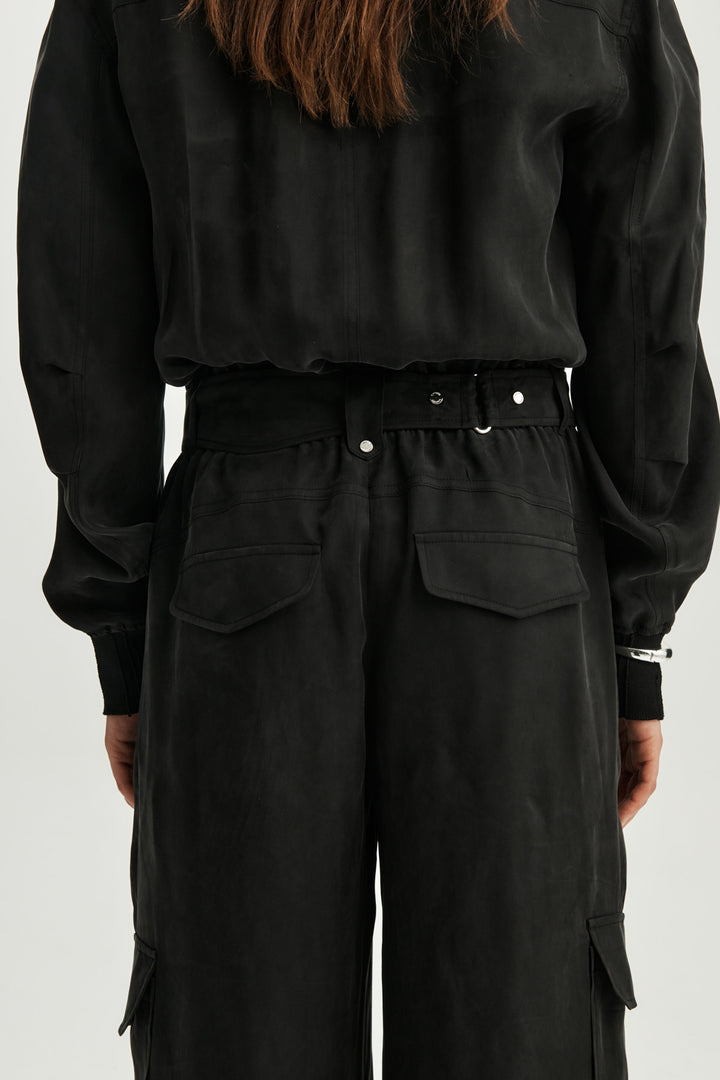 KIMMATIN Silky Belted Cargo Jumpsuit — Black