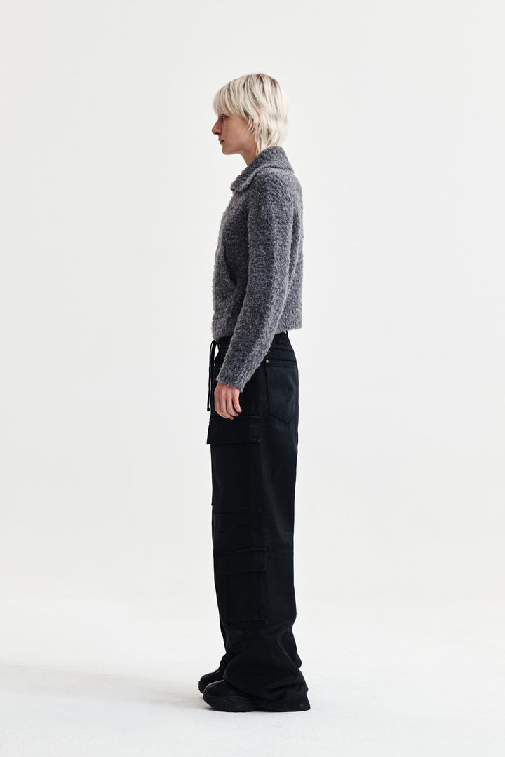 Matin Kim Boucle Knit Zip-Up Cardigan — Charcoal