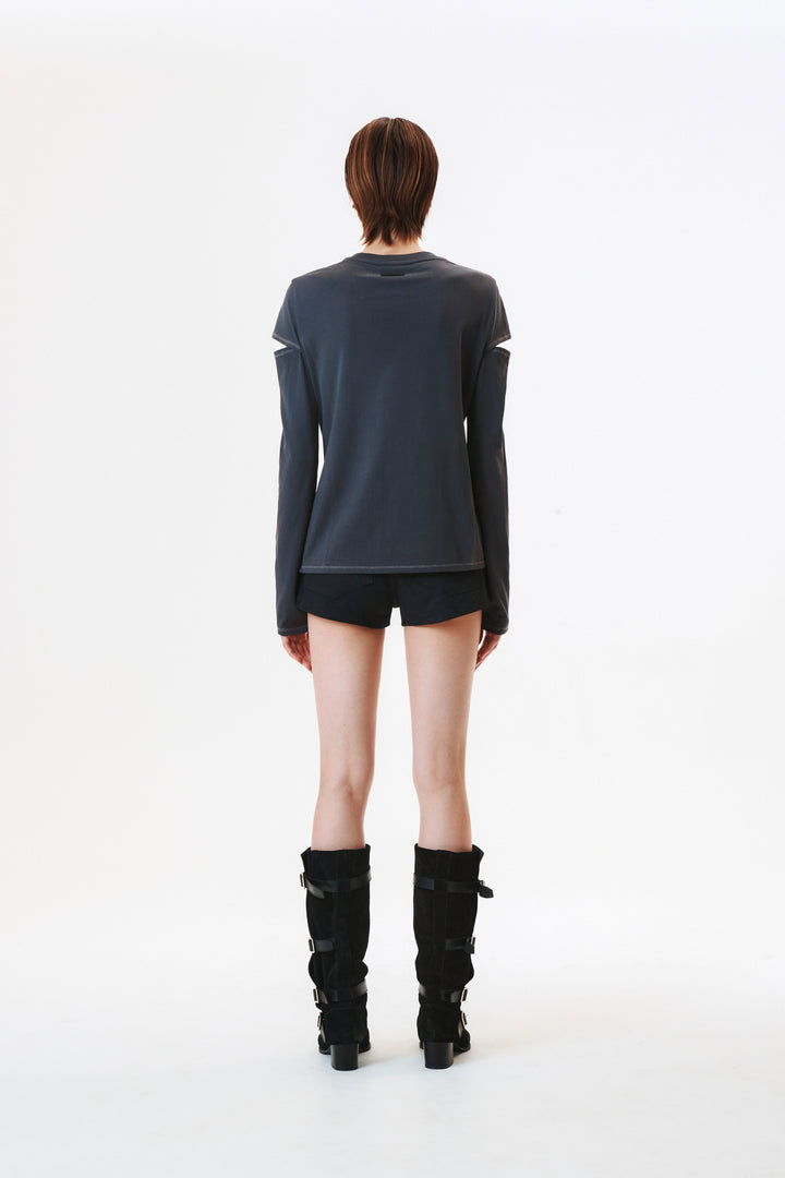 KIMMATIN Stitch Cut Out Long Sleeve Top — Charcoal