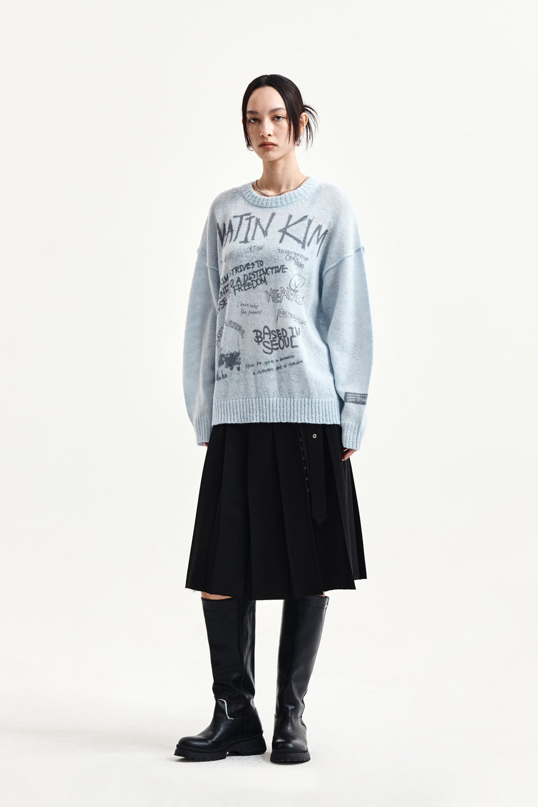 Matin Kim Graffiti Artwork Knit Pullover — Light Blue