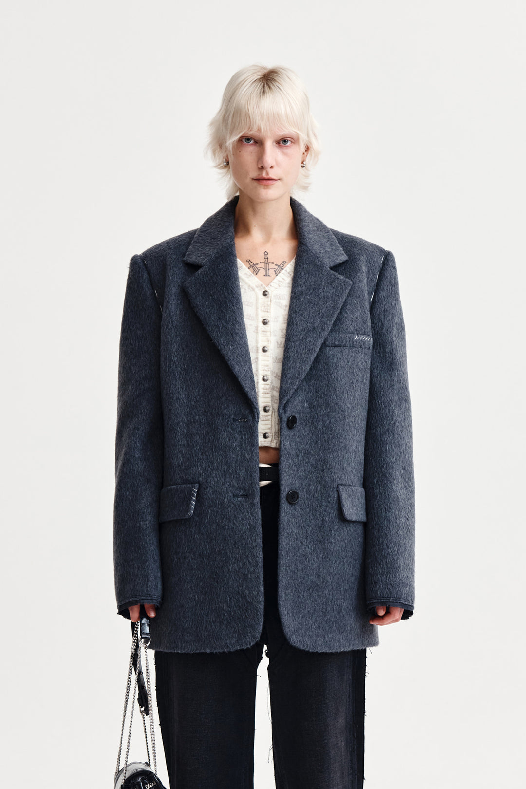 Matin Kim Hairy Overfit Stitch Single Jacket — Gray