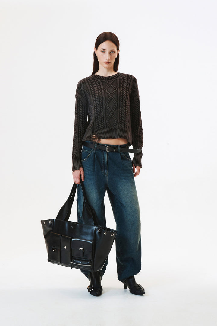 KIMMATIN Washed Cable Pullover Dark — Brown