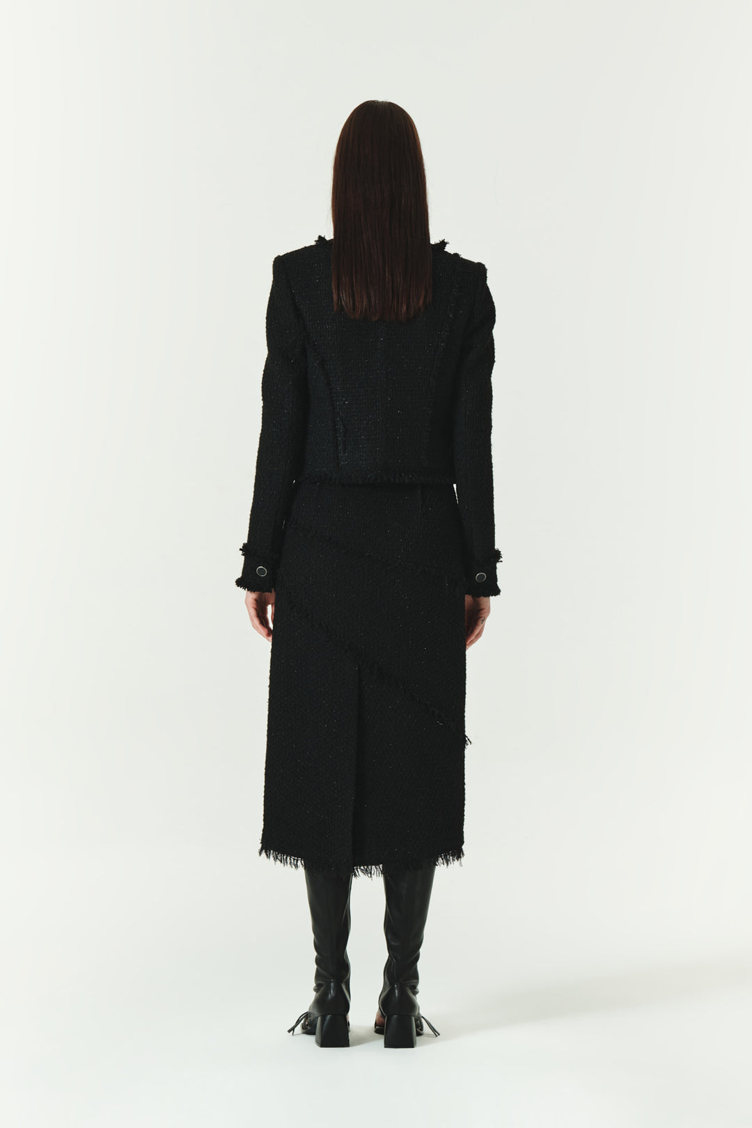 KIMMATIN Unbalance Tweed Crop Jacket — Black