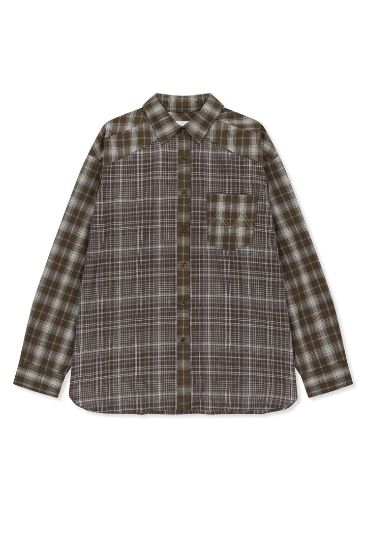Matin Kim Mixed Check Overfit Shirt — Brown