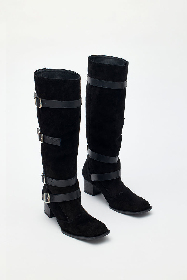 KIMMATIN Suede Buckle Long Boots — Black