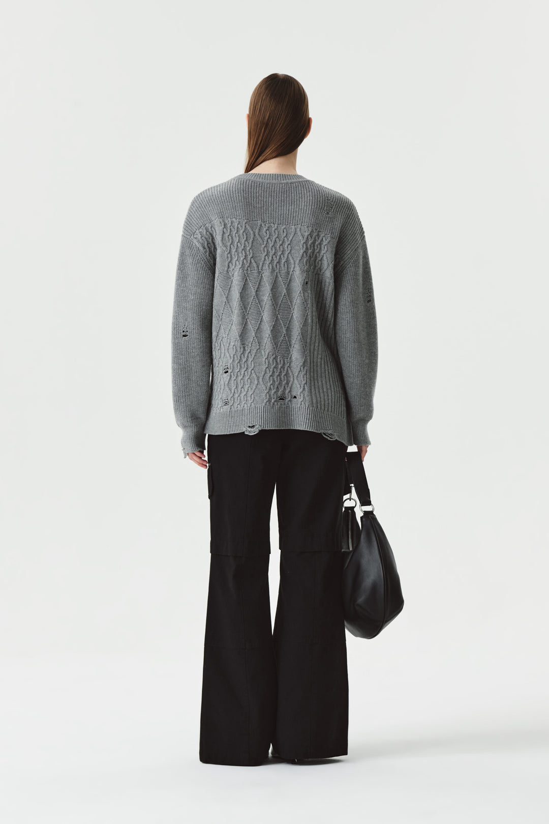 KIMMATIN Cable Mix Damage Knit Pullover — Gray