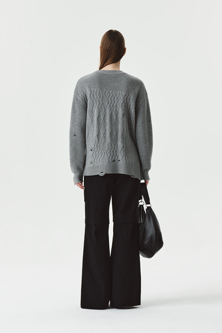 KIMMATIN Cable Mix Damage Knit Pullover — Gray