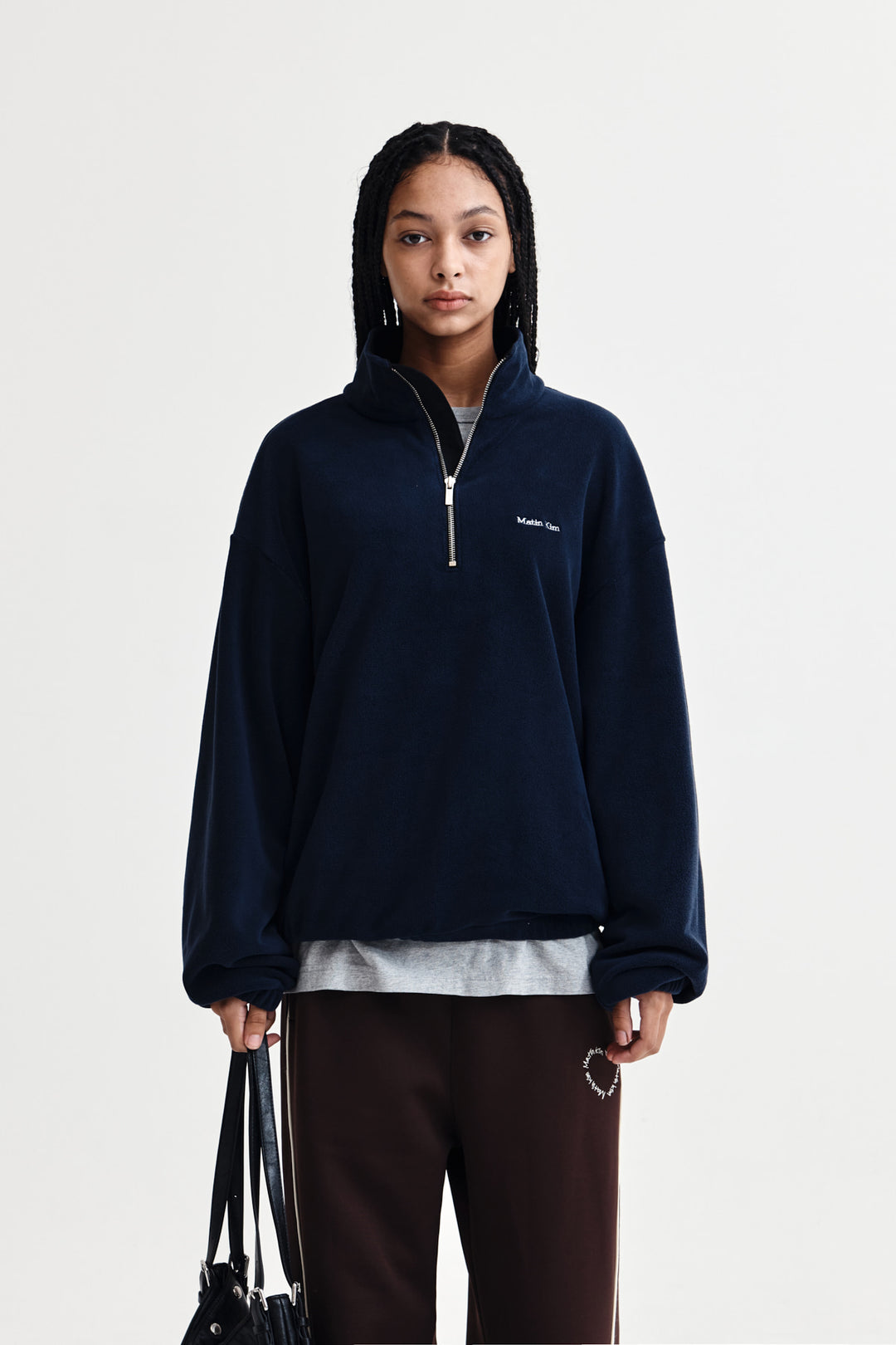 Matin Kim Sherpa Fleece Half-Zip Top — Navy blue