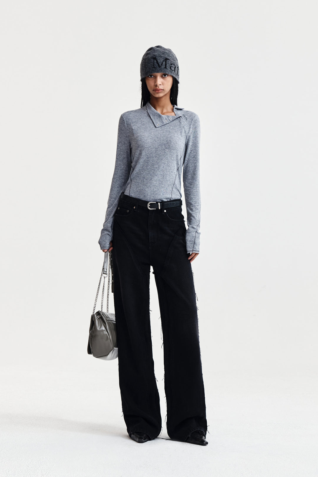 Matin Kim Button Slit Half Neck Top — Gray