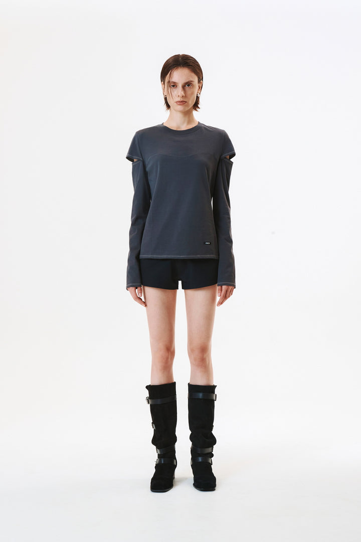KIMMATIN Stitch Cut Out Long Sleeve Top — Charcoal