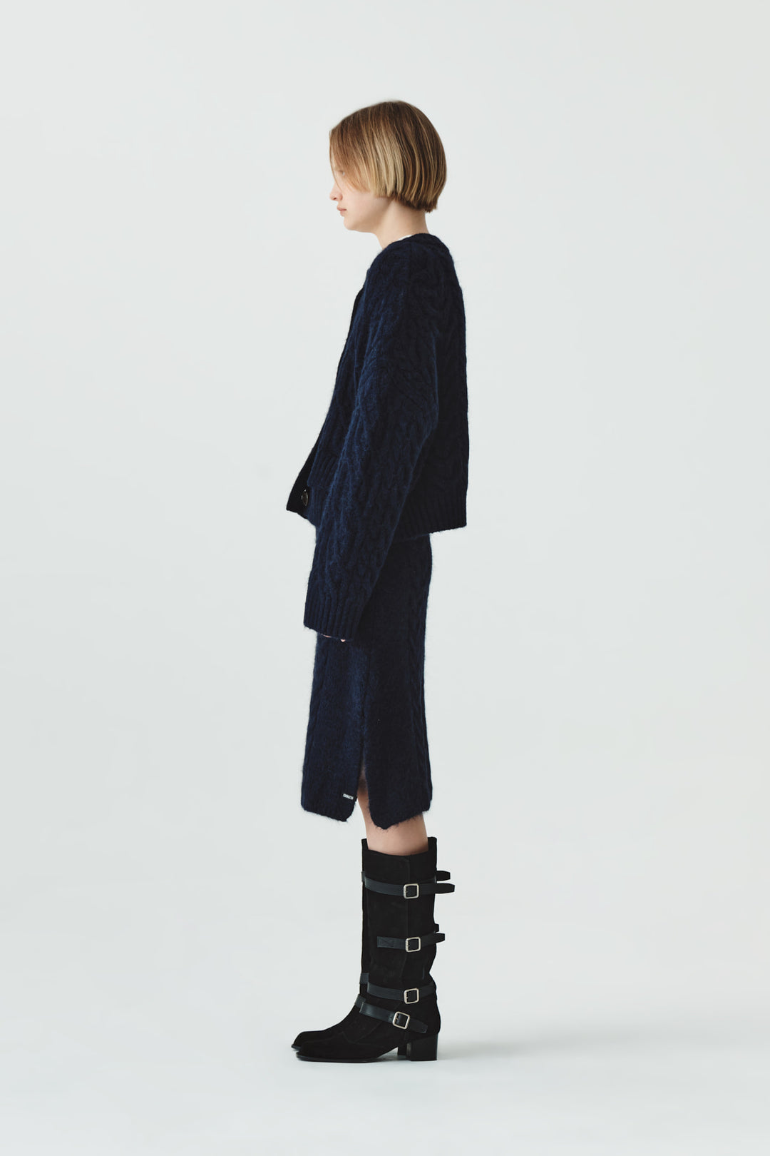 KIMMATIN Wide Cable Midi Knit Skirt — Navy blue
