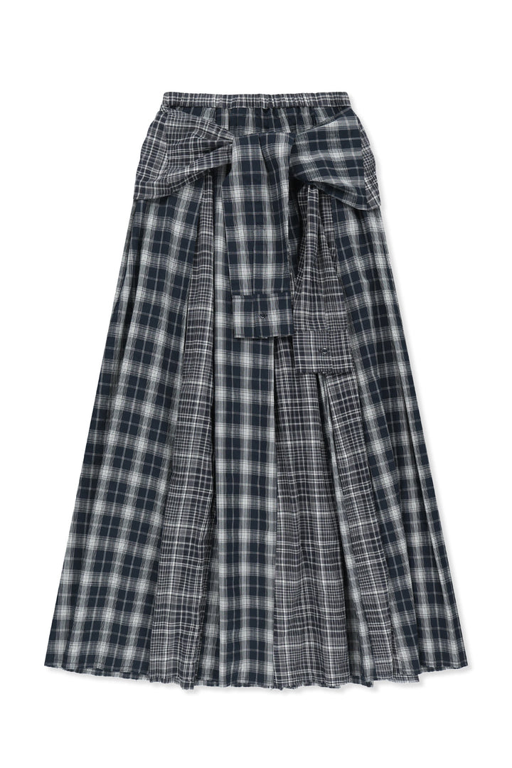 Matin Kim Mixed Check Sleeve Tie Flare Skirt — Navy blue