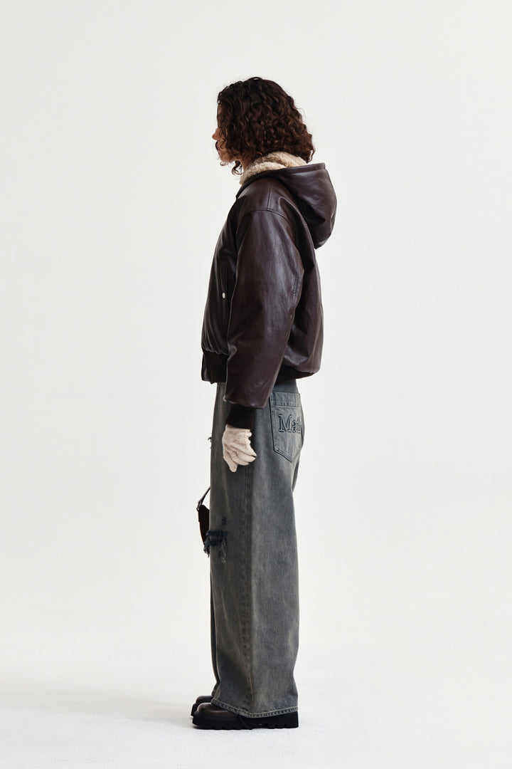 Matin Kim Faux Leather Zip-Up Hoody — Brown