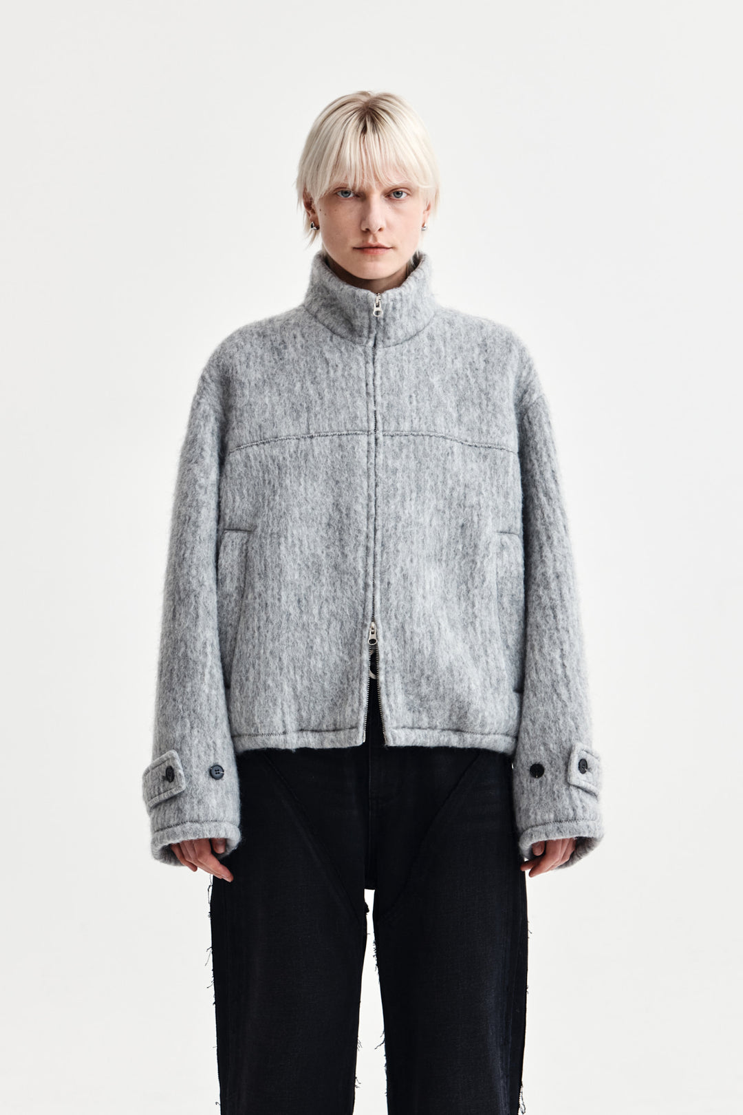 Matin Kim Hairy High Neck Zip Up Jumper — Light Grey