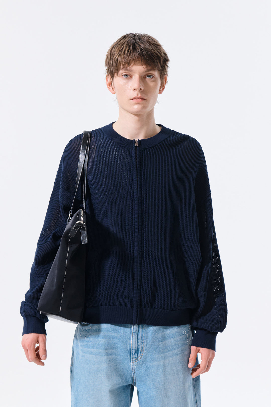 Matin Kim Back Logo Jacquard Mesh Knit Zip — Navy blue