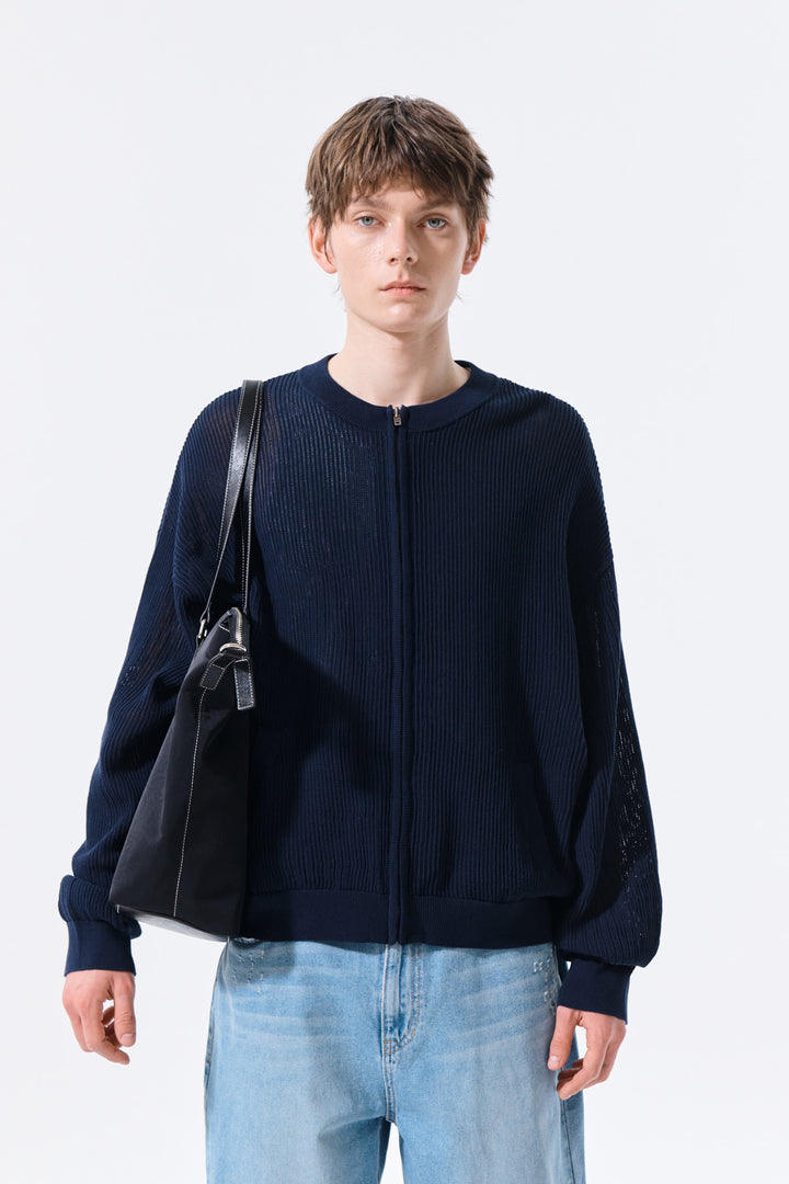Matin Kim Back Logo Jacquard Mesh Knit Zip — Navy blue