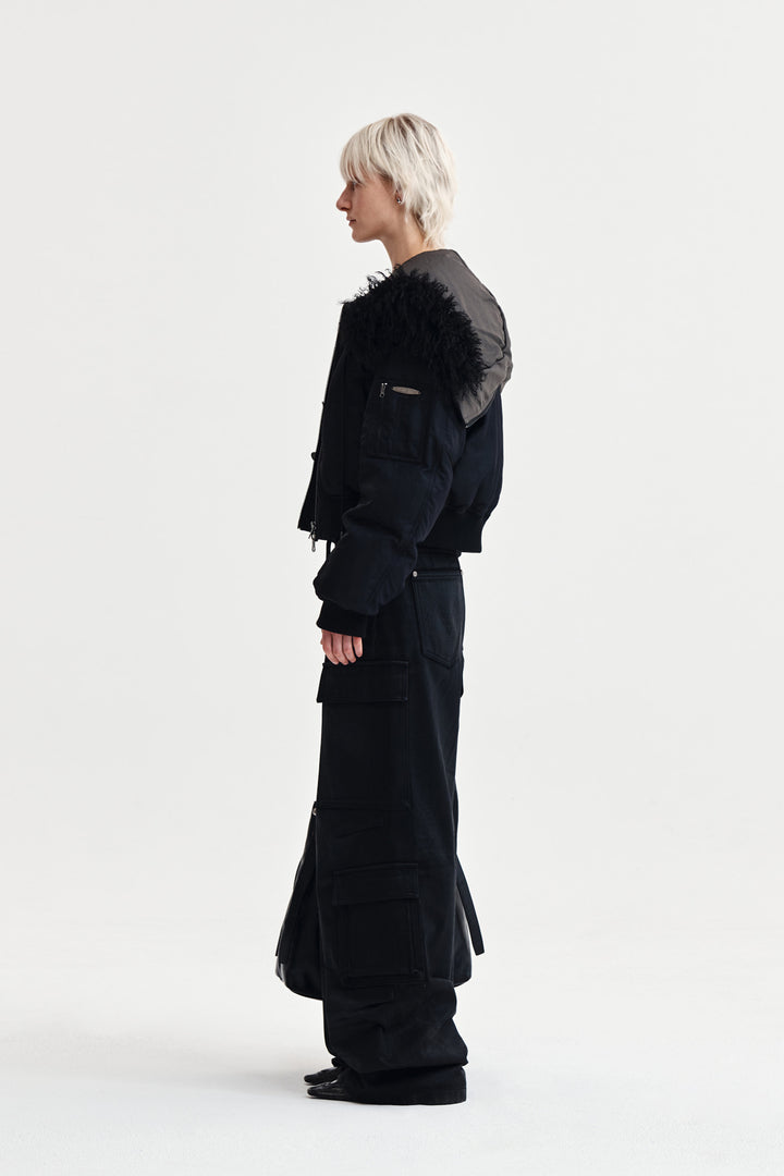 Matin Kim Fur Hoody Bomber Down Jumper — Black