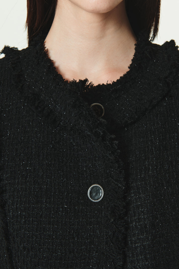 KIMMATIN Unbalance Tweed Crop Jacket — Black