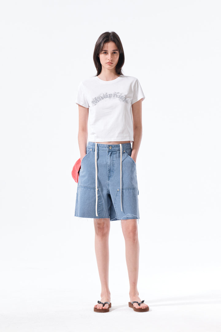 Matin Kim Herringbone Raw Cut Denim Shorts — Light Blue