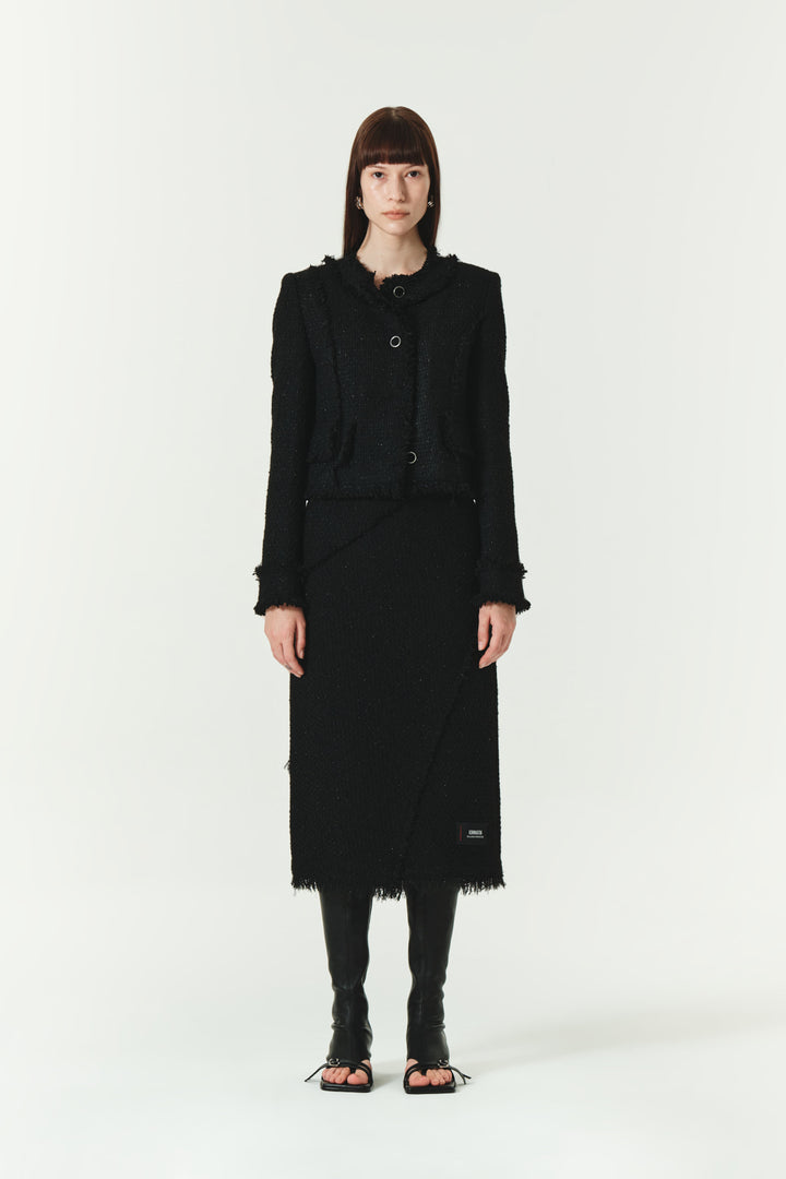 KIMMATIN Unbalance Tweed Crop Jacket — Black