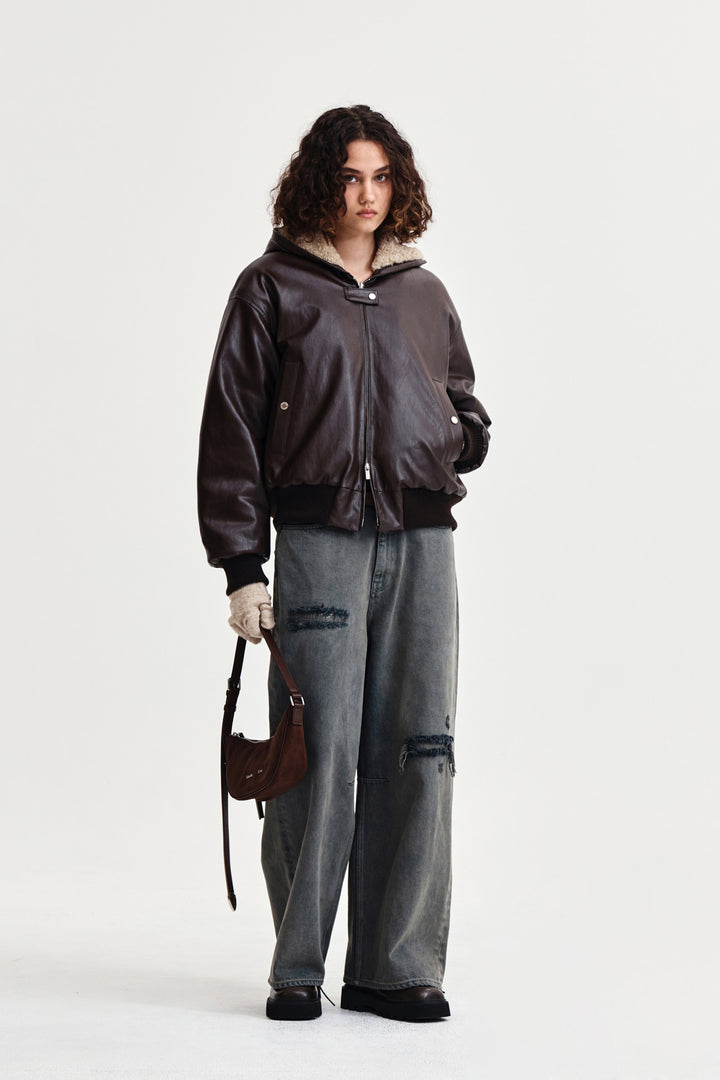 Matin Kim Faux Leather Zip-Up Hoody — Brown