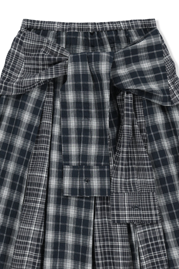 Matin Kim Mixed Check Sleeve Tie Flare Skirt — Navy blue