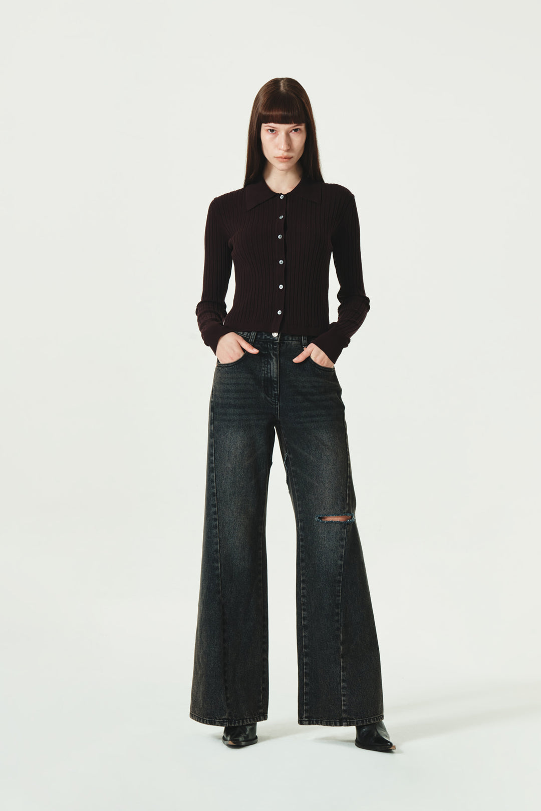 KIMMATIN Slit Point Flare Denim — Navy blue