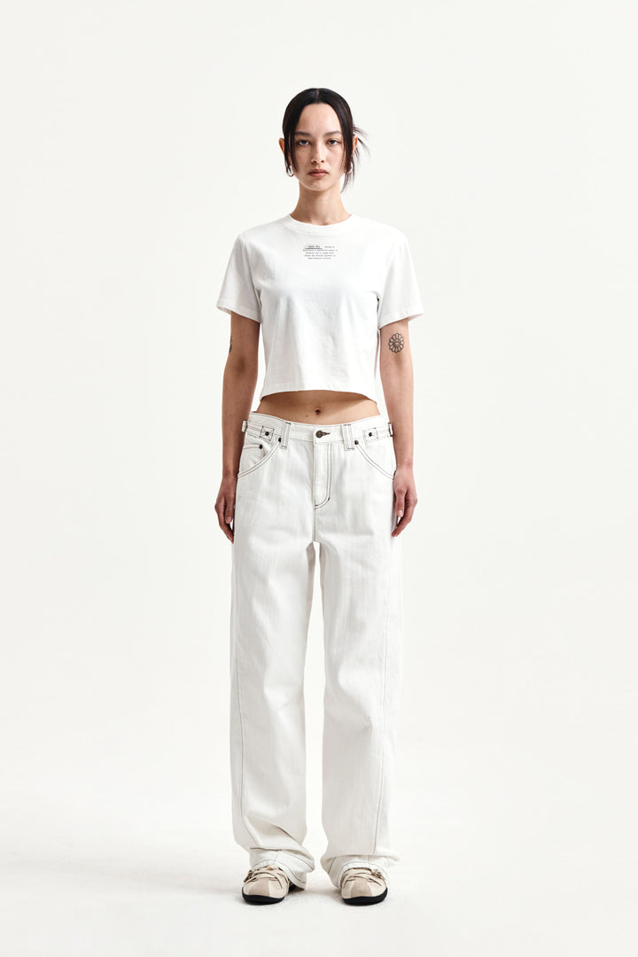 Matin Kim Waist Buckle Stitch Twill Denim — Ivory